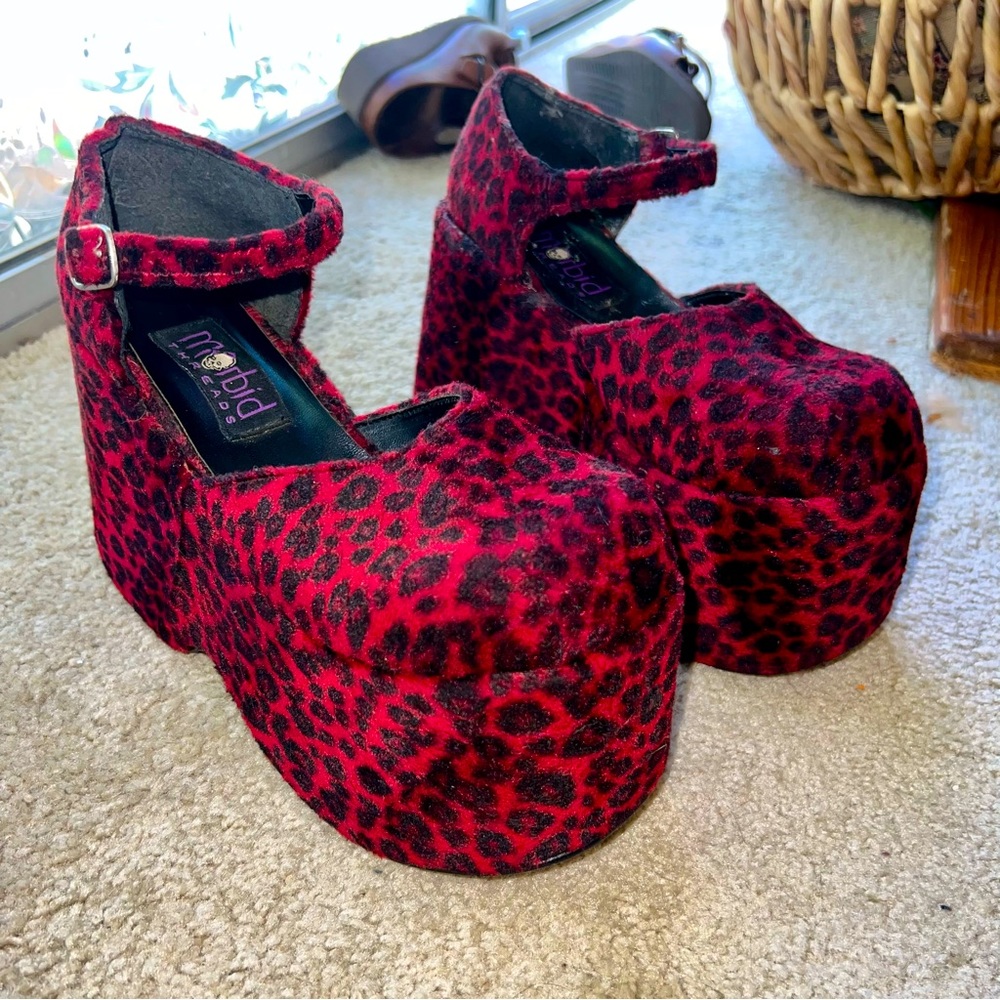 Vintage 90s Platforms-Red Leopard Velvet Morbid Threads Mary Janes 8.5 (*read) - Picture 1 of 16